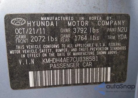 2012 Hyundai Elantra Gls (Ulsan Plant) from USA, damaged, VIN KMHDH4AE7CU338581